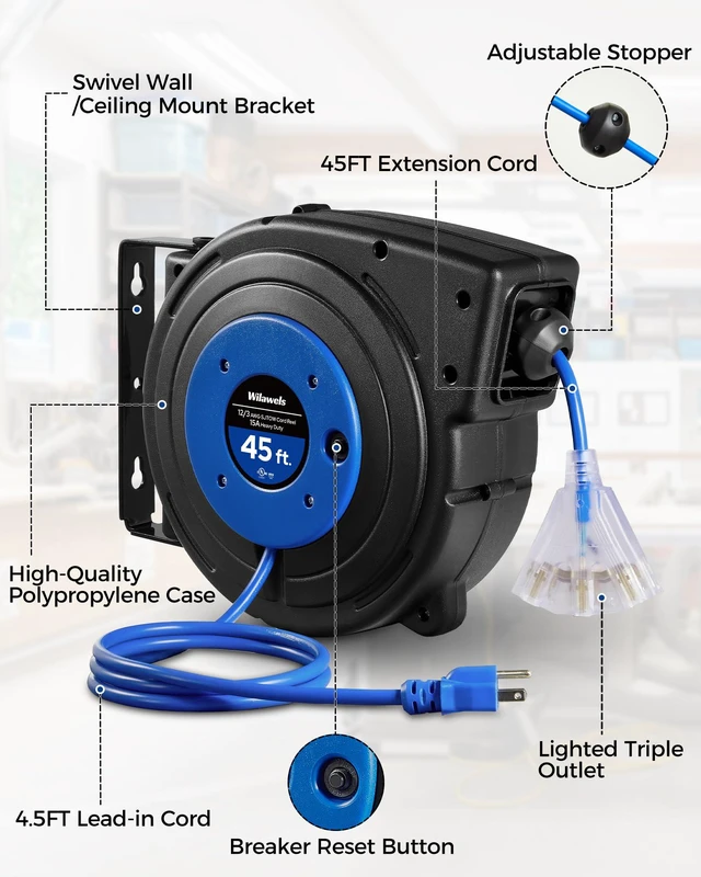 Alt view image 7 of 7 - Retractable Extension Cord Reel, 45 FT Heavy Duty Power Cord, 12AWG/3C SJTOW, 3 Grounded Outlets Lighted Triple Tap, 15 Amp Circuit Breaker, UL Listed, Blue U45CR06