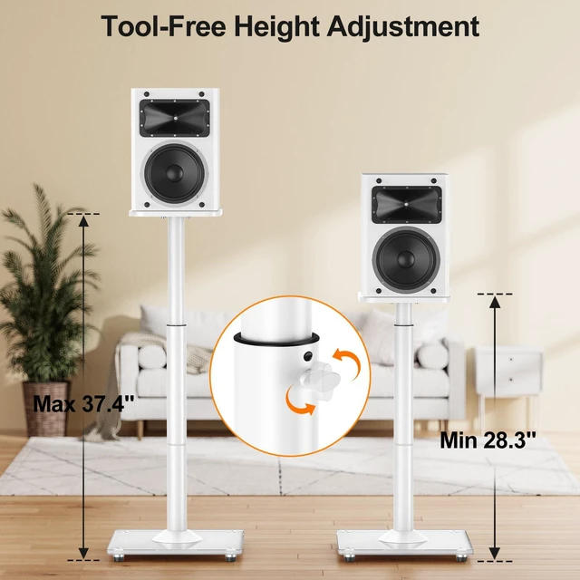 Alt view image 2 of 7 - Speaker Stands Pair, 28"-37.4" Height Adjustable, Max 22 lbs, Glass Base Surround Sound Speaker Stand with Cable Management, Universal Floor Stand for Bookshelf Satellite Studio Large Speaker, White
