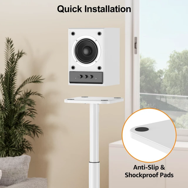 Alt view image 6 of 7 - Speaker Stands Pair, 28"-37.4" Height Adjustable, Max 22 lbs, Glass Base Surround Sound Speaker Stand with Cable Management, Universal Floor Stand for Bookshelf Satellite Studio Large Speaker, White
