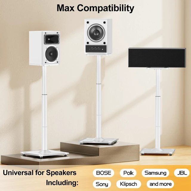 Alt view image 7 of 7 - Speaker Stands Pair, 28"-37.4" Height Adjustable, Max 22 lbs, Glass Base Surround Sound Speaker Stand with Cable Management, Universal Floor Stand for Bookshelf Satellite Studio Large Speaker, White