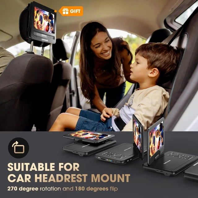 Alt view image 4 of 7 - 12" Portable DVD Player with 5-Hour Rechargeable Battery, 10" Swivel Display Screen and SD/USB Port, with 1.8m Car Charger, Power Adaptor and Car Headrest Mount, Region Free (Black)