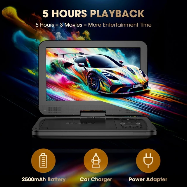 Alt view image 5 of 7 - 12" Portable DVD Player with 5-Hour Rechargeable Battery, 10" Swivel Display Screen and SD/USB Port, with 1.8m Car Charger, Power Adaptor and Car Headrest Mount, Region Free (Black)