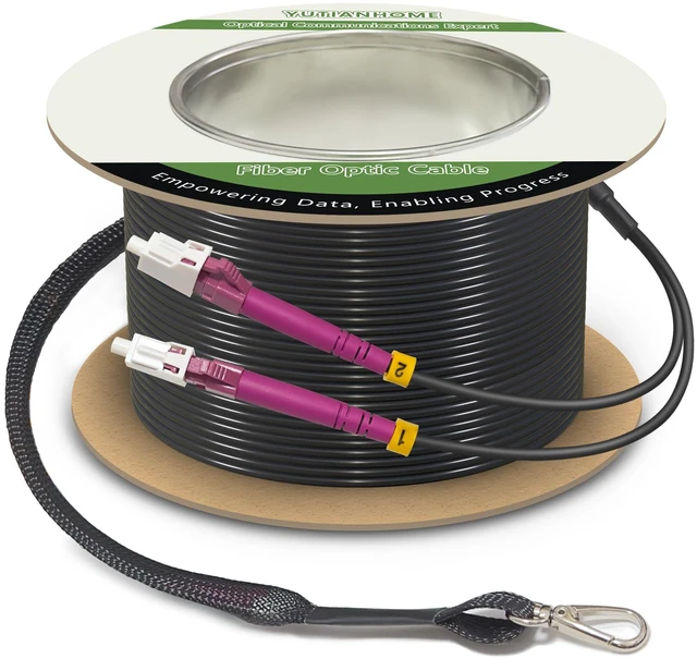 Main image of 160ft Armored OM4 LC to LC Fiber Patch Cable Multimode Duplex, LSZH Black 50m, 10gb/40gb/100gb, 2 Fibers MMF 50/125m LC Fiber Optic Cable Indoor/Outdoor with Pulling Eye Kit Installed on one end