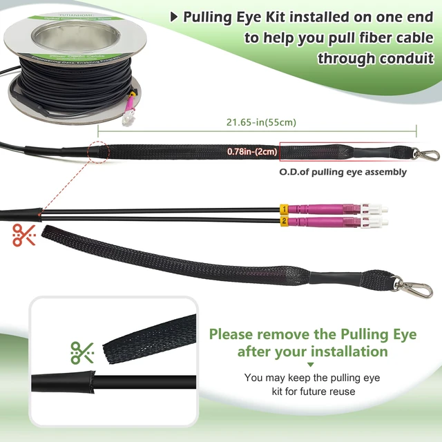 Alt view image 3 of 6 - 160ft Armored OM4 LC to LC Fiber Patch Cable Multimode Duplex, LSZH Black 50m, 10gb/40gb/100gb, 2 Fibers MMF 50/125m LC Fiber Optic Cable Indoor/Outdoor with Pulling Eye Kit Installed on one end
