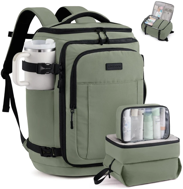 Main image of Travel Backpack for Women & Men, 40L TSA Approved Carry On Backpack with 3 Packing Cubes, Waterproof Weekender Overnight Bag for 2-4 Day Trips, Business & Travel Essentials, Slate Green-Black