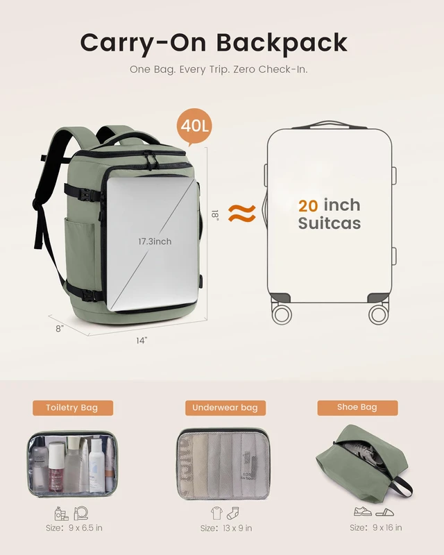 Alt view image 3 of 7 - Travel Backpack for Women & Men, 40L TSA Approved Carry On Backpack with 3 Packing Cubes, Waterproof Weekender Overnight Bag for 2-4 Day Trips, Business & Travel Essentials, Slate Green-Black