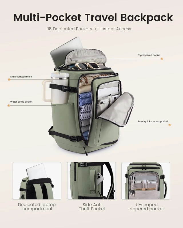 Alt view image 5 of 7 - Travel Backpack for Women & Men, 40L TSA Approved Carry On Backpack with 3 Packing Cubes, Waterproof Weekender Overnight Bag for 2-4 Day Trips, Business & Travel Essentials, Slate Green-Black