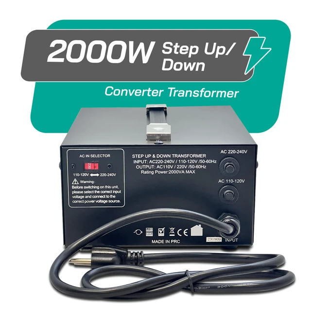 Alt view image 3 of 7 - 2000 Watt Voltage Converter Transformer Step Up/Down - 110v to 220v / 220v to 110v Power Converter - Fully USA Grounded Cord - Universal Outlet Socket, 2x US Outlets - CE Certified