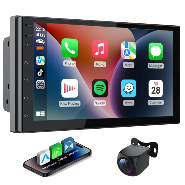Main image of 7" Car Stereo Double Din Wireless Apple Carplay Radio Screen for Car Audio Receivers, Bluetooth 5.0 Car Play Android Auto Touchscreen, Channel RCA, Backup Camera, SWC, FM/AM Car Audio Receivers