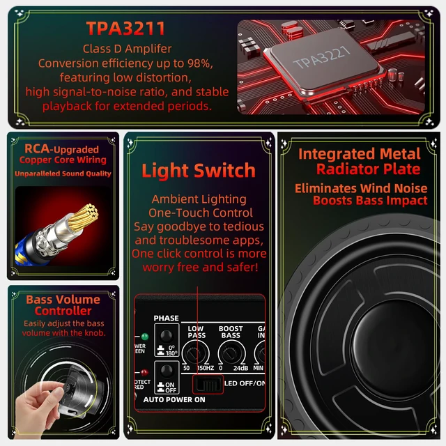 Alt view image 3 of 7 - 1600W 10" Slim Under Seat Subwoofers with Built-in Amp LED Ambient Light, Deep Bass, Individual Controls (LPF/Gain/Bass Boost), High Output Distortion-Free Audio, Suitable for All Vehicle Models