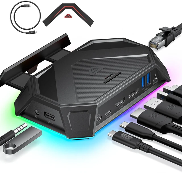 Main image of 12-in-1 RGB Docking Station for Steam Deck/ROG Ally/Legion Go-HB1201B 4K@120Hz HDMI & DisplayPort, VRR Supported, 100W PD Charging, USB 3.2, Gigabit Ethernet, 6 RGB Modes, SD/TF Slots, 3.5mm Jack