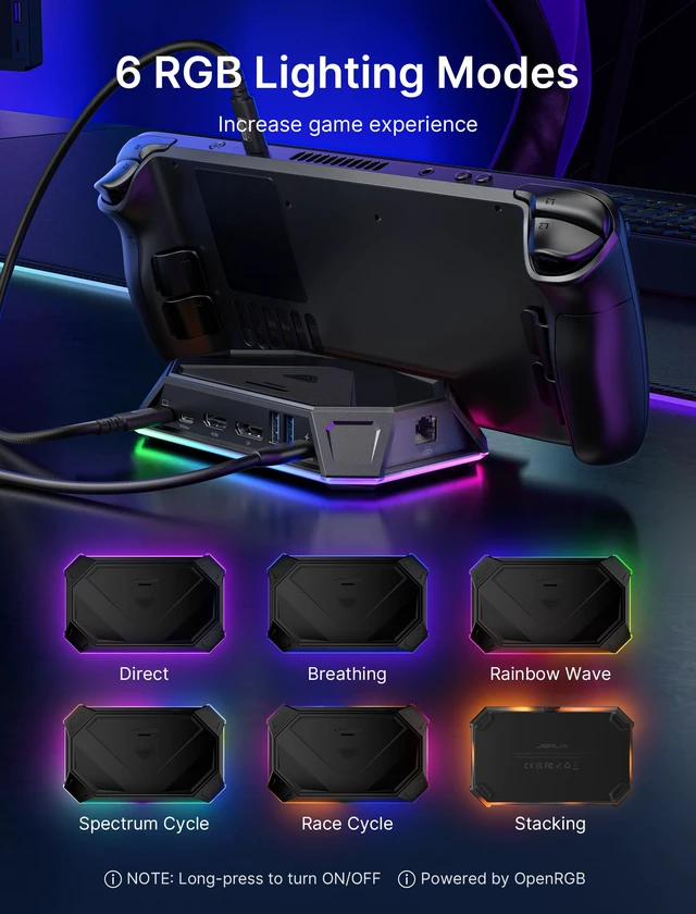 Alt view image 3 of 6 - 12-in-1 RGB Docking Station for Steam Deck/ROG Ally/Legion Go-HB1201B 4K@120Hz HDMI & DisplayPort, VRR Supported, 100W PD Charging, USB 3.2, Gigabit Ethernet, 6 RGB Modes, SD/TF Slots, 3.5mm Jack