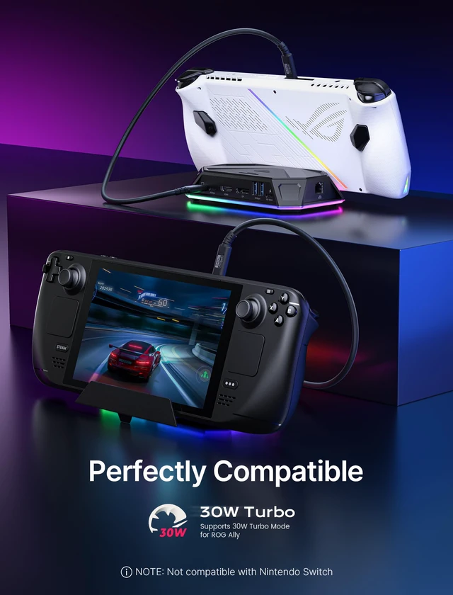 Alt view image 4 of 6 - 12-in-1 RGB Docking Station for Steam Deck/ROG Ally/Legion Go-HB1201B 4K@120Hz HDMI & DisplayPort, VRR Supported, 100W PD Charging, USB 3.2, Gigabit Ethernet, 6 RGB Modes, SD/TF Slots, 3.5mm Jack