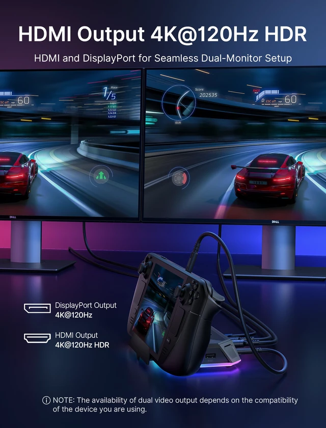 Alt view image 5 of 6 - 12-in-1 RGB Docking Station for Steam Deck/ROG Ally/Legion Go-HB1201B 4K@120Hz HDMI & DisplayPort, VRR Supported, 100W PD Charging, USB 3.2, Gigabit Ethernet, 6 RGB Modes, SD/TF Slots, 3.5mm Jack
