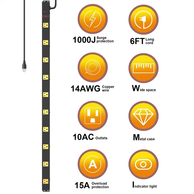 Alt view image 2 of 7 - 10 Outlet Surge Protector, Long Metal Wide Spaced Garage Industrial Power Strip, Heavy Duty with 6 FT Cord, 15A, 125V, 1875W, 2700 Joules, 2Pack, SGS Listed
