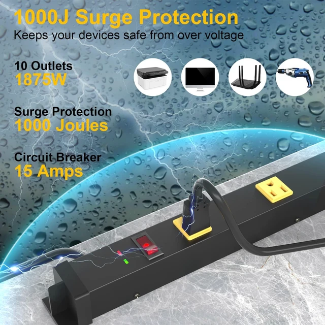 Alt view image 3 of 7 - 10 Outlet Surge Protector, Long Metal Wide Spaced Garage Industrial Power Strip, Heavy Duty with 6 FT Cord, 15A, 125V, 1875W, 2700 Joules, 2Pack, SGS Listed