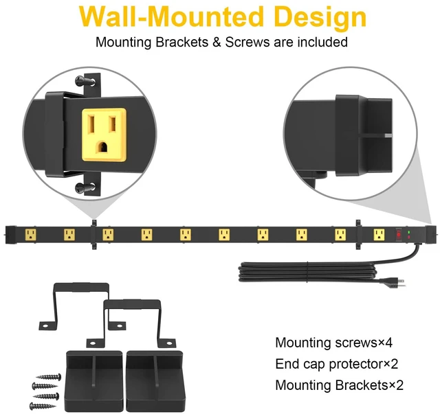 Alt view image 5 of 7 - 10 Outlet Surge Protector, Long Metal Wide Spaced Garage Industrial Power Strip, Heavy Duty with 6 FT Cord, 15A, 125V, 1875W, 2700 Joules, 2Pack, SGS Listed