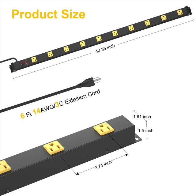 Alt view image 6 of 7 - 10 Outlet Surge Protector, Long Metal Wide Spaced Garage Industrial Power Strip, Heavy Duty with 6 FT Cord, 15A, 125V, 1875W, 2700 Joules, 2Pack, SGS Listed