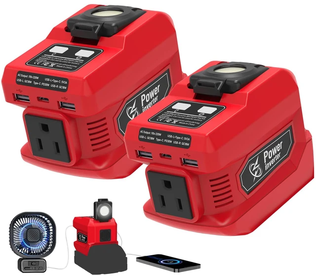 Main image of 2 Pack 220W Power Inverter Compatible with Milwaukee 18V Battery DC 20V to AC 110V-120V Portable Power Generator, Inverter with 2 USB Ports &1 Type-C &1 AC Outlet, 400 Lumen LED Light
