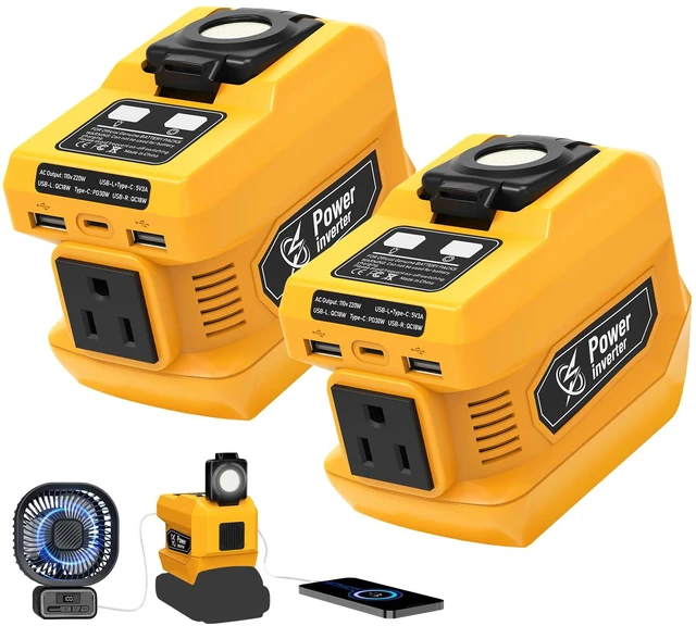 Main image of 2 Pack 220W Power Inverter Compatible with Dewalt 20V Battery DC 20V to AC 110V-120V Portable Power Generator, Inverter with 2 USB Ports &1 Type-C &1 AC Outlet, 400 Lumen LED Light