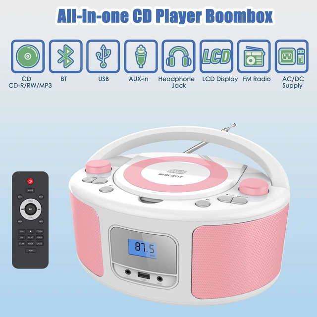 Alt view image 2 of 7 - Portable CD Player Boombox with FM Radio, Bluetooth, Clear Stereo Sound, Remote Control, USB Input, AUX & Headphone Jack, CD-R/CD-RW/MP3-CD Compatible, AC/Battery Powered
