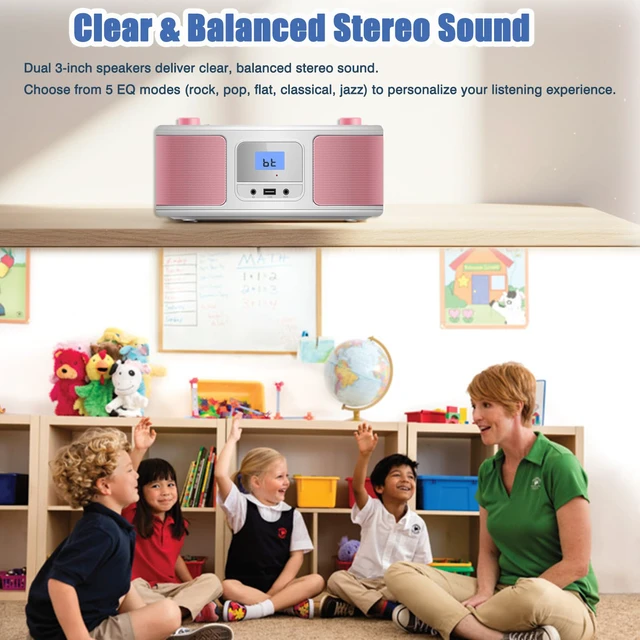 Alt view image 3 of 7 - Portable CD Player Boombox with FM Radio, Bluetooth, Clear Stereo Sound, Remote Control, USB Input, AUX & Headphone Jack, CD-R/CD-RW/MP3-CD Compatible, AC/Battery Powered