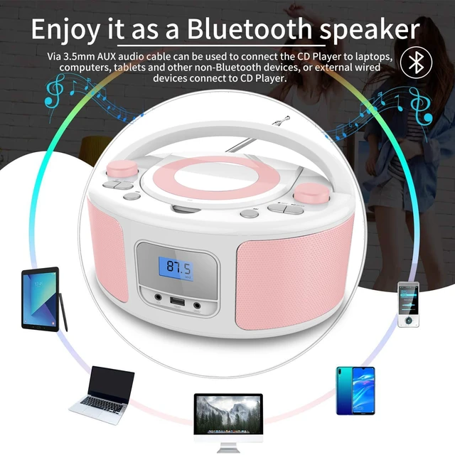 Alt view image 6 of 7 - Portable CD Player Boombox with FM Radio, Bluetooth, Clear Stereo Sound, Remote Control, USB Input, AUX & Headphone Jack, CD-R/CD-RW/MP3-CD Compatible, AC/Battery Powered