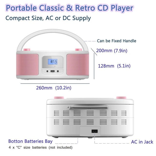 Alt view image 7 of 7 - Portable CD Player Boombox with FM Radio, Bluetooth, Clear Stereo Sound, Remote Control, USB Input, AUX & Headphone Jack, CD-R/CD-RW/MP3-CD Compatible, AC/Battery Powered