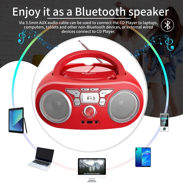 Alt view image 6 of 7 - Portable CD Player Boombox with Bluetooth, FM Radio, USB Input, 3.5mm AUX and Headphone Jack, Clear Stereo Sound