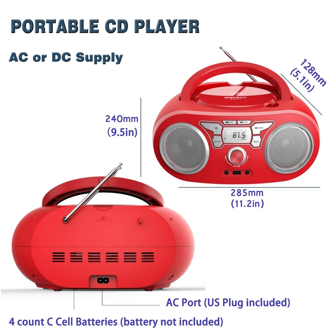 Alt view image 7 of 7 - Portable CD Player Boombox with Bluetooth, FM Radio, USB Input, 3.5mm AUX and Headphone Jack, Clear Stereo Sound