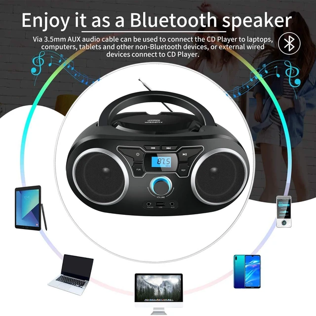 Alt view image 3 of 7 - Portable CD Boombox with Bluetooth, FM Radio, USB Port, MP3-CD Compatible, AUX Input, Headphone Jack, Remote Control, Clear Stereo 4 Watts of Audio, AC/Battery Powered