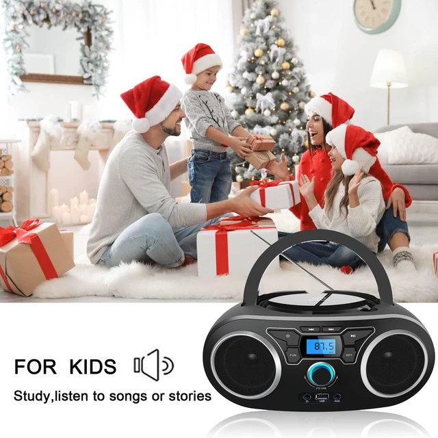Alt view image 2 of 7 - Portable CD Boombox with Bluetooth, FM Radio, USB Port, MP3-CD Compatible, AUX Input, Headphone Jack, Remote Control, Clear Stereo 4 Watts of Audio, AC/Battery Powered