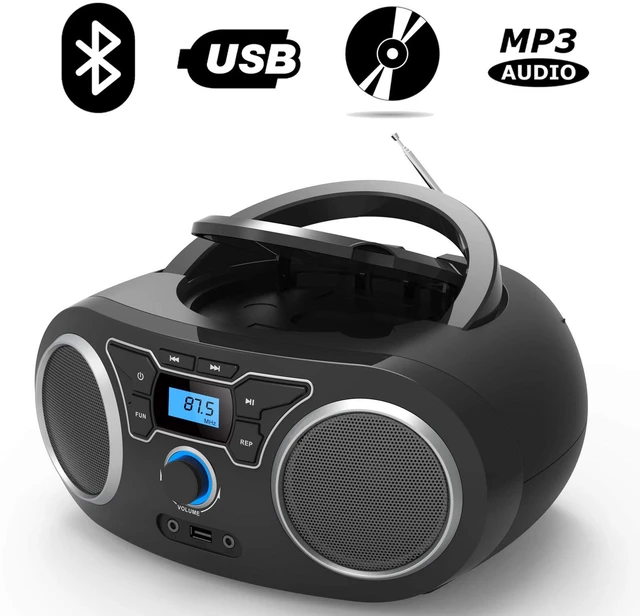 Alt view image 4 of 7 - Portable CD Boombox with Bluetooth, FM Radio, USB Port, MP3-CD Compatible, AUX Input, Headphone Jack, Remote Control, Clear Stereo 4 Watts of Audio, AC/Battery Powered