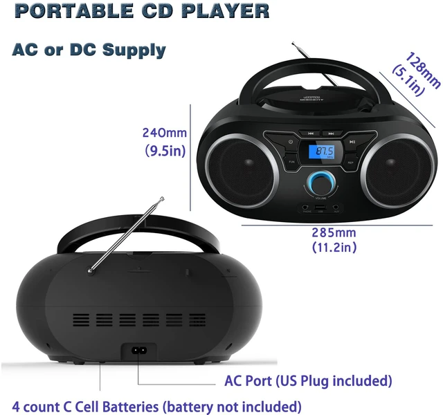 Alt view image 5 of 7 - Portable CD Boombox with Bluetooth, FM Radio, USB Port, MP3-CD Compatible, AUX Input, Headphone Jack, Remote Control, Clear Stereo 4 Watts of Audio, AC/Battery Powered