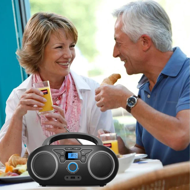 Alt view image 6 of 7 - Portable CD Boombox with Bluetooth, FM Radio, USB Port, MP3-CD Compatible, AUX Input, Headphone Jack, Remote Control, Clear Stereo 4 Watts of Audio, AC/Battery Powered
