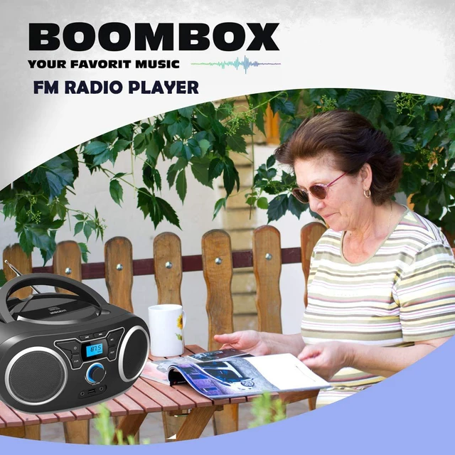 Alt view image 7 of 7 - Portable CD Boombox with Bluetooth, FM Radio, USB Port, MP3-CD Compatible, AUX Input, Headphone Jack, Remote Control, Clear Stereo 4 Watts of Audio, AC/Battery Powered