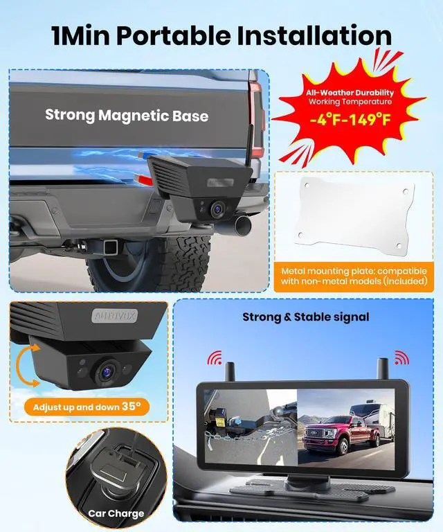 Alt view image 2 of 7 - Solar Backup Camera Wireless for RVs and Trailers No Installation 7.2" HD 1080P Monitor,Dual Camera System, Strong Magnetic Scratch Proof Rear View Camera for Trucks, Campers, SUVs, and Cars