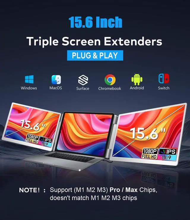 Alt view image 2 of 7 - 15.6" Laptop Screen Extender, Left Screen 360° Flip Triple Screen Monitor Extender, FHD 1080P IPS Portable Travel Monitor Display, fit for 13 17.3" Laptops, Compatible with Windows and MacBook S10
