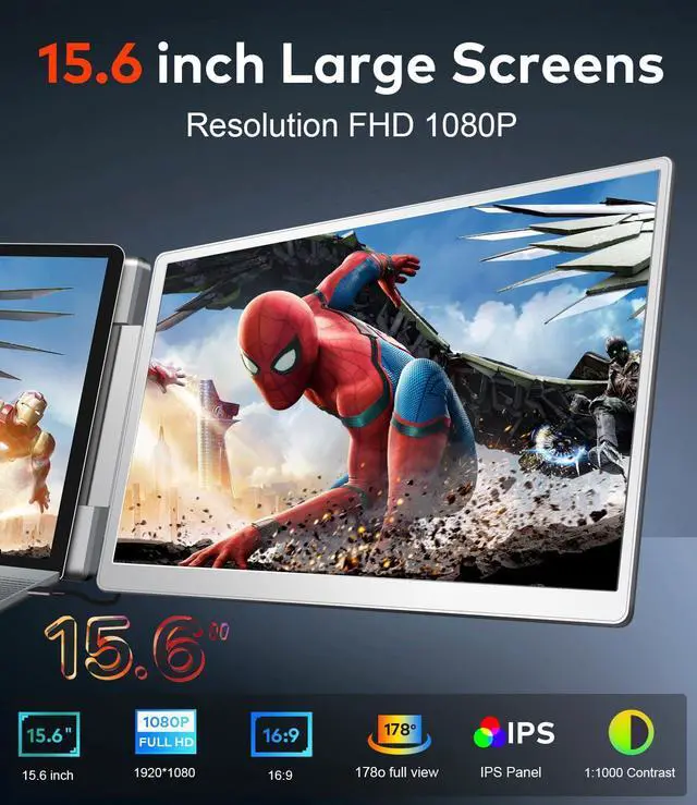 Alt view image 7 of 7 - 15.6" Laptop Screen Extender, Left Screen 360° Flip Triple Screen Monitor Extender, FHD 1080P IPS Portable Travel Monitor Display, fit for 13 17.3" Laptops, Compatible with Windows and MacBook S10