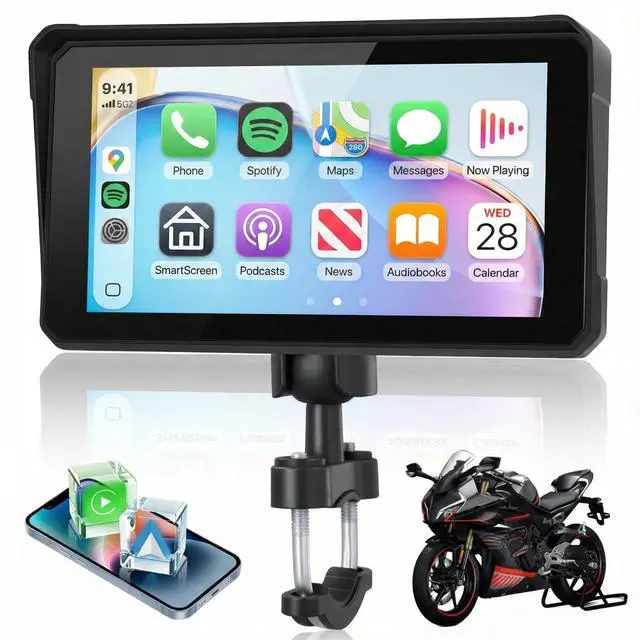 Main image of 6 Inch Motorcycle Wirelsss Carplay Screen, Portable Touchscreen Motorcycle GPS Navigation System Car Play Moto Android Auto, Dual Bluetooth, IP68 Waterproof Moto Screen, Si-ri, Goo-gle Assistant