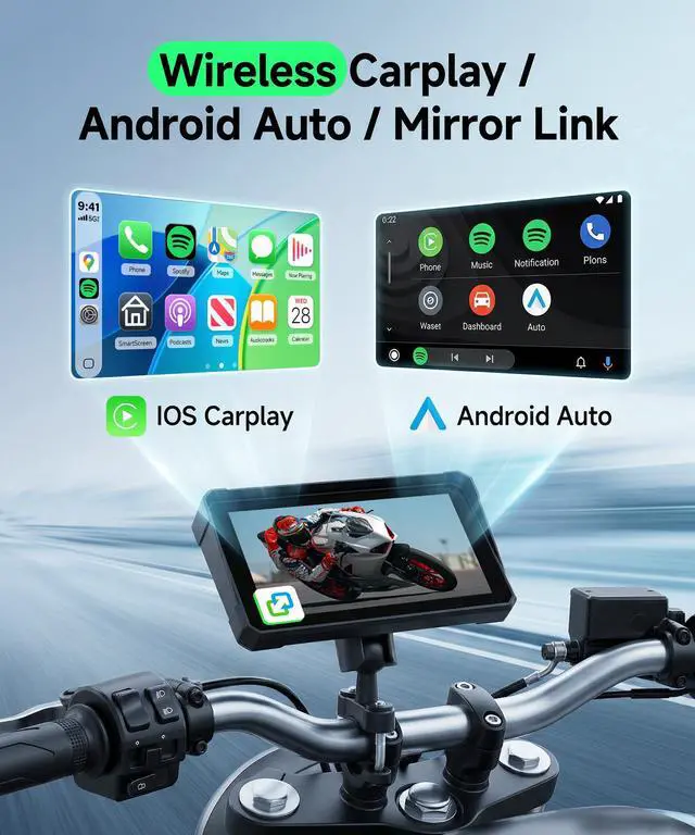 Alt view image 2 of 4 - 6 Inch Motorcycle Wirelsss Carplay Screen, Portable Touchscreen Motorcycle GPS Navigation System Car Play Moto Android Auto, Dual Bluetooth, IP68 Waterproof Moto Screen, Si-ri, Goo-gle Assistant