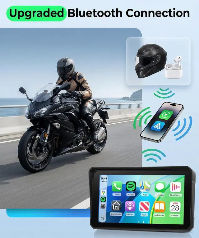Alt view image 3 of 4 - 6 Inch Motorcycle Wirelsss Carplay Screen, Portable Touchscreen Motorcycle GPS Navigation System Car Play Moto Android Auto, Dual Bluetooth, IP68 Waterproof Moto Screen, Si-ri, Goo-gle Assistant