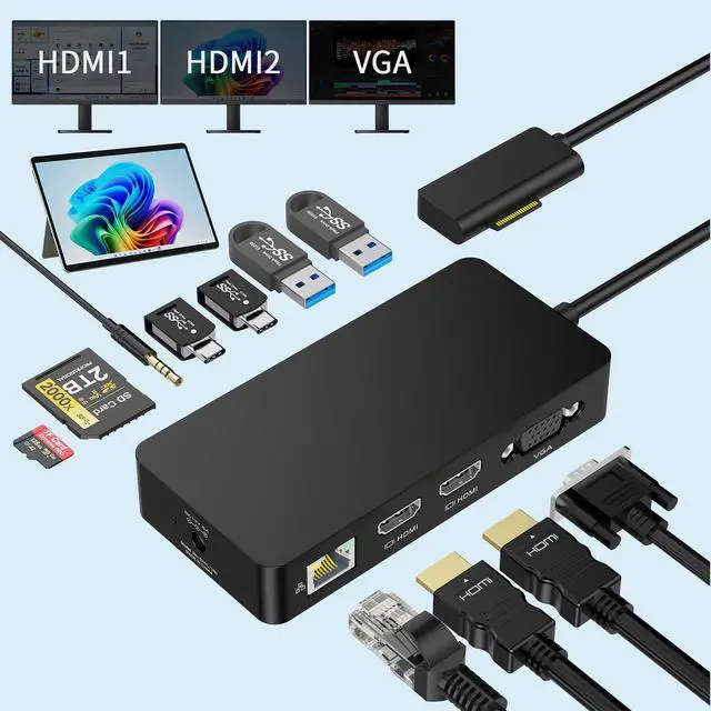 Main image of 12 in 1 Dock Triple Displays Dual HDMI+VGA with Power Adapter, Docking Station for Pro 11/10/9/8/X/7/6/5/4, Laptop Go/7/6/5/4/3/2/1,Book