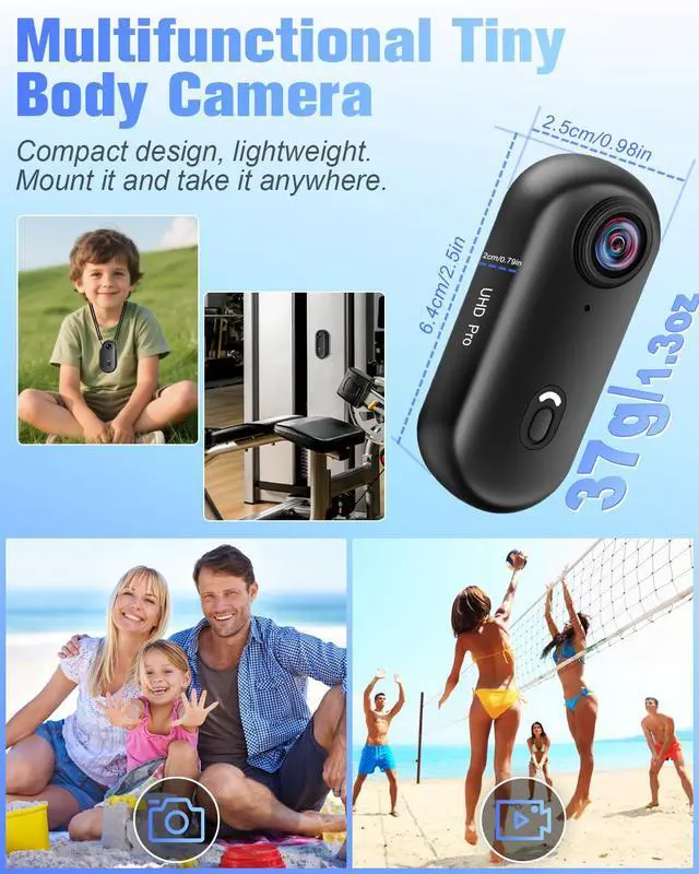 Alt view image 2 of 4 - Mini Action Cam 4K, 64GB Body Cam WiFi Sports Camera, Wearable POV Camera, Portable Helmet Camcorder Thumb Size, Hands-free Recording, 30m Waterproof for Vlogging Cycling Swimming Hiking Petting