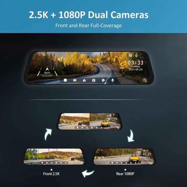 Alt view image 2 of 4 - D81 2.5K Mirror Dash Cam with Dual Sony STARVIS Sensor, 10 Inch Touch Split Screen, Front and Rear Dual Camera, GPS, Super Night Vision, Emergency Recording, Loop Recording