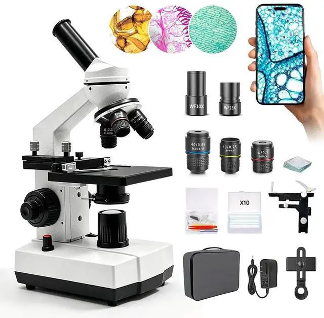 Alt view image 2 of 4 - Microscope for Adults Kids Students, High-Power Biological Compound Microscope Kit, Metal-Body, with Movable Calipers, Abbe Condenser, for School Lab & Home Schooling, with Slides Set & Phone Adapter