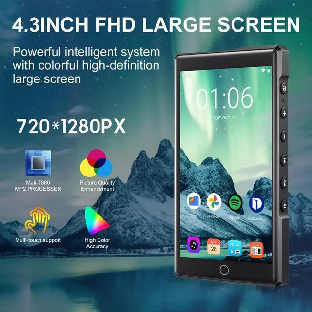 Alt view image 2 of 4 - 144GB MP3 Player with Bluetooth and WiFi, Real HiFi MP3 Player 4.3" FHD Zinc Alloy Panel Touch Screen, MP4 Players,Music Player with Spotify,Pandora,Amazon Music