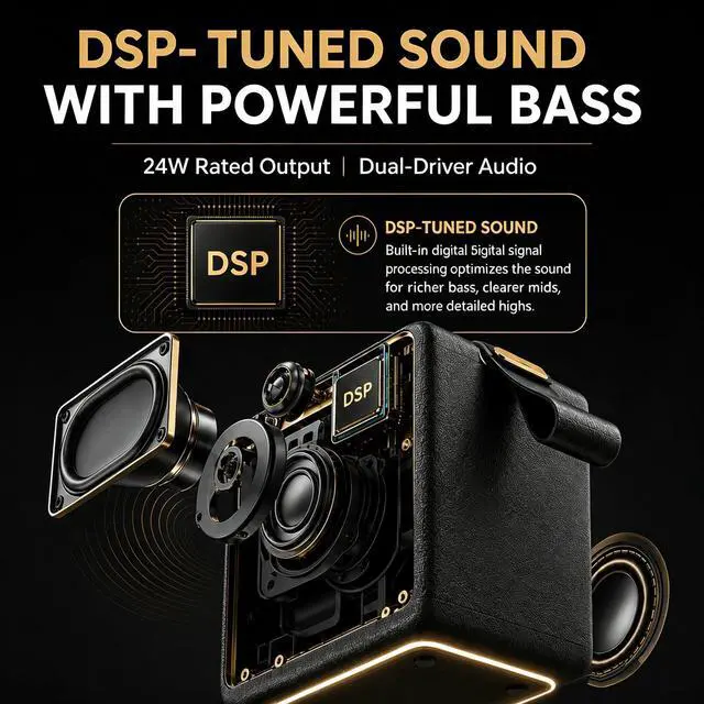 Alt view image 4 of 4 - MG II Portable Bluetooth Speaker, 40W Deep Bass with DSP Sound, RGB Lights,IPX7 Waterproof Outdoor Speaker,17H+ Playtime, Dual Drivers,TWS Pairing,3 EQ Modes,Type-C Charging, AUX/TF/USB(Black & Brass)
