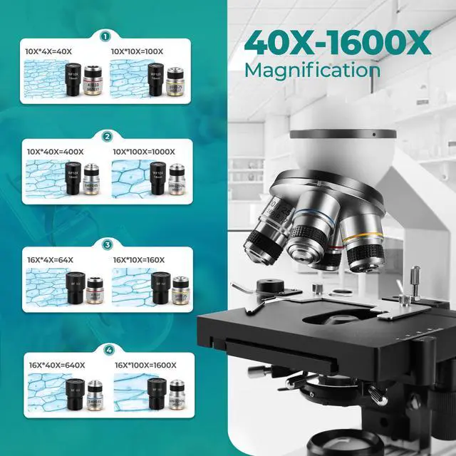 Alt view image 2 of 3 - XSP-104 Profesional Science Compound Monocular Microscopes 40X-1600X for Adults Student Kids 8-12,with Microscope Slides, Microscope Kit for School Lab Home Education