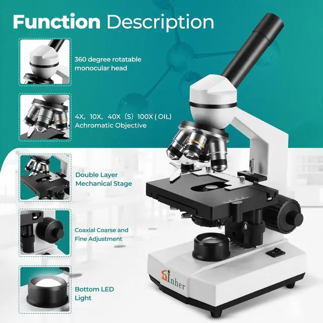 Alt view image 3 of 3 - XSP-104 Profesional Science Compound Monocular Microscopes 40X-1600X for Adults Student Kids 8-12,with Microscope Slides, Microscope Kit for School Lab Home Education
